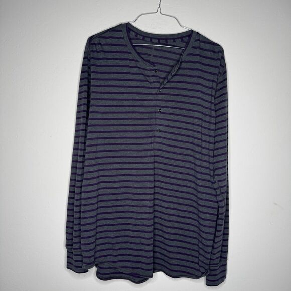 Lululemon T Shirt Mens Large Gray Purple Stripe Henley Button Casual Pullover - Picture 1 of 3